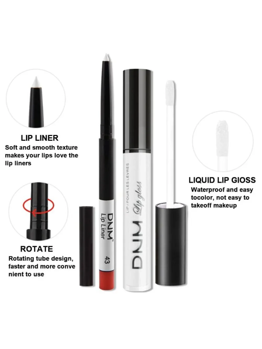 DNM 43# White Glitter 2Pcs 24H Long-Lasting Matte Liquid Lipstick and Lip Liner